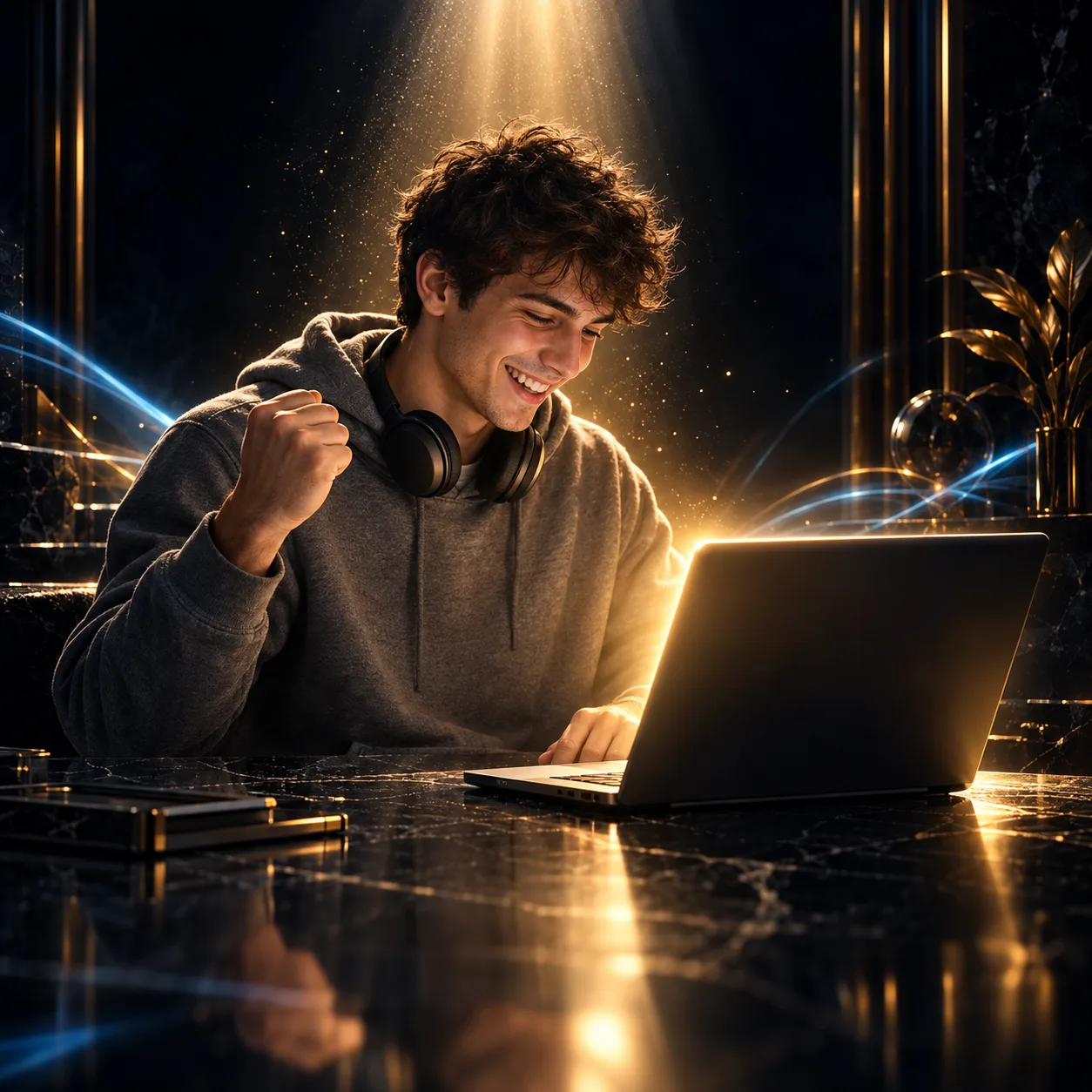 Lo stesso ragazzo ride e stringe il pugno per la gioia, con l’altra mano sulla tastiera del portatile che gli illumina il viso di luce dorata