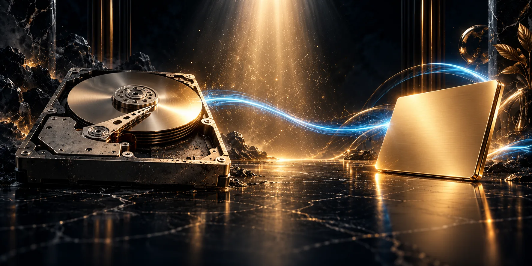 Su un piano di pietra nera, a sinistra un vecchio disco rigido aperto, grigio e impolverato, col piatto e la testina; a destra un disco nuovo sottile e dorato, in piedi, e tra i due una linea di luce azzurra