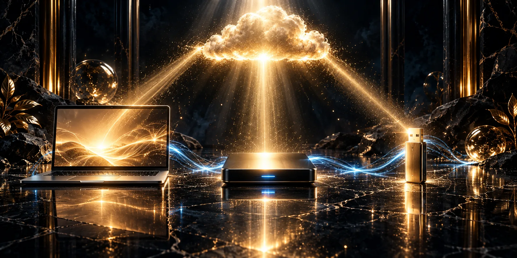 Su un piano di pietra nera, un portatile acceso, un disco esterno con la luce azzurra e una chiavetta d’oro in piedi, uniti da un filo di luce azzurra; sopra, una nuvola di luce dorata manda un raggio su ognuno dei tre