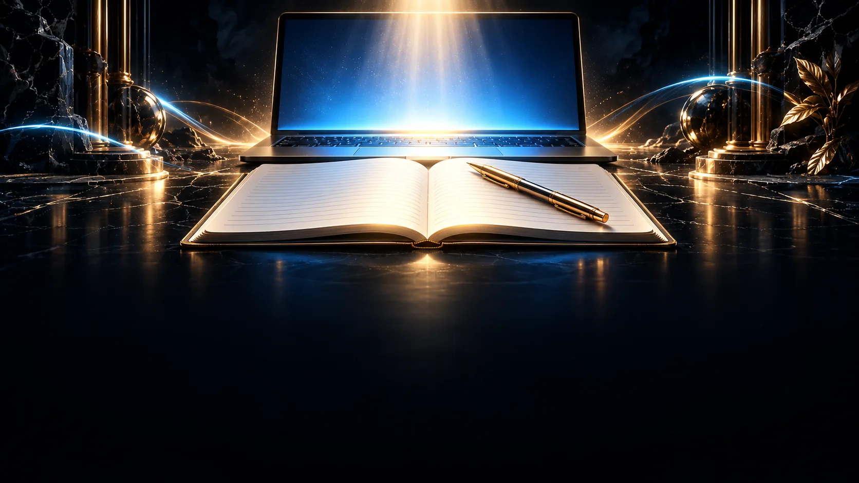 Un quaderno di scuola aperto su un piano di pietra nera, con le pagine a righe vuote e una penna d’oro appoggiata sopra; dietro, un portatile con lo schermo azzurro acceso, e la sua luce fredda si mescola sulle pagine con la luce dorata che scende dall’alto