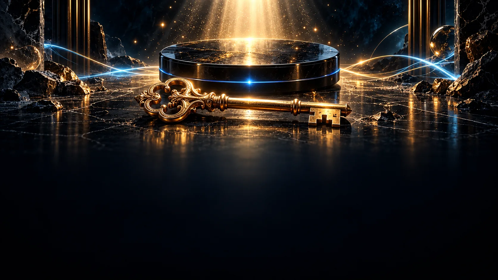 Un disco esterno nero con una luce azzurra e una chiave d’oro massiccio su un piano di pietra nera, illuminati dall’alto come un tesoro