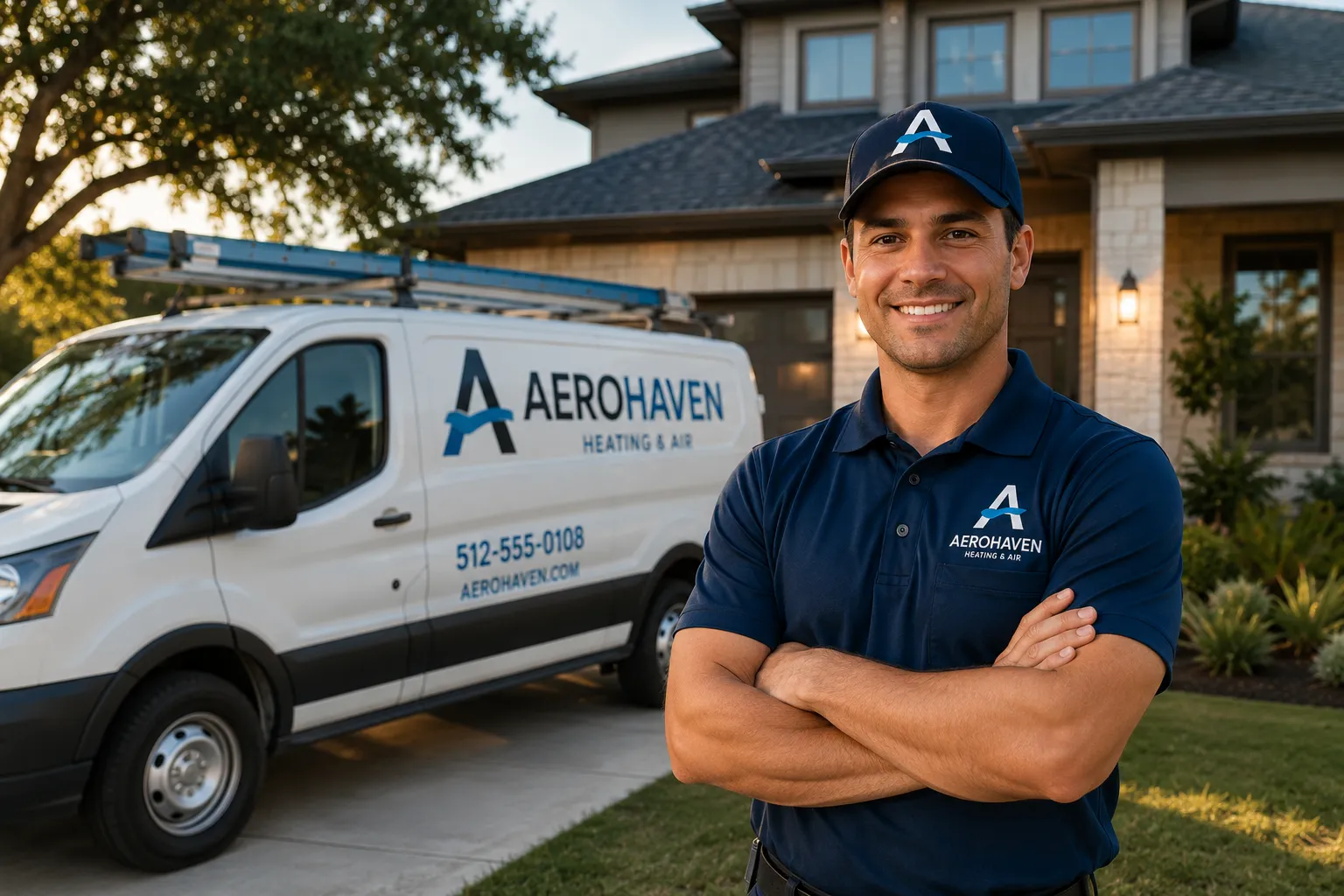 AeroHaven technician standing ready in front of a branded service van